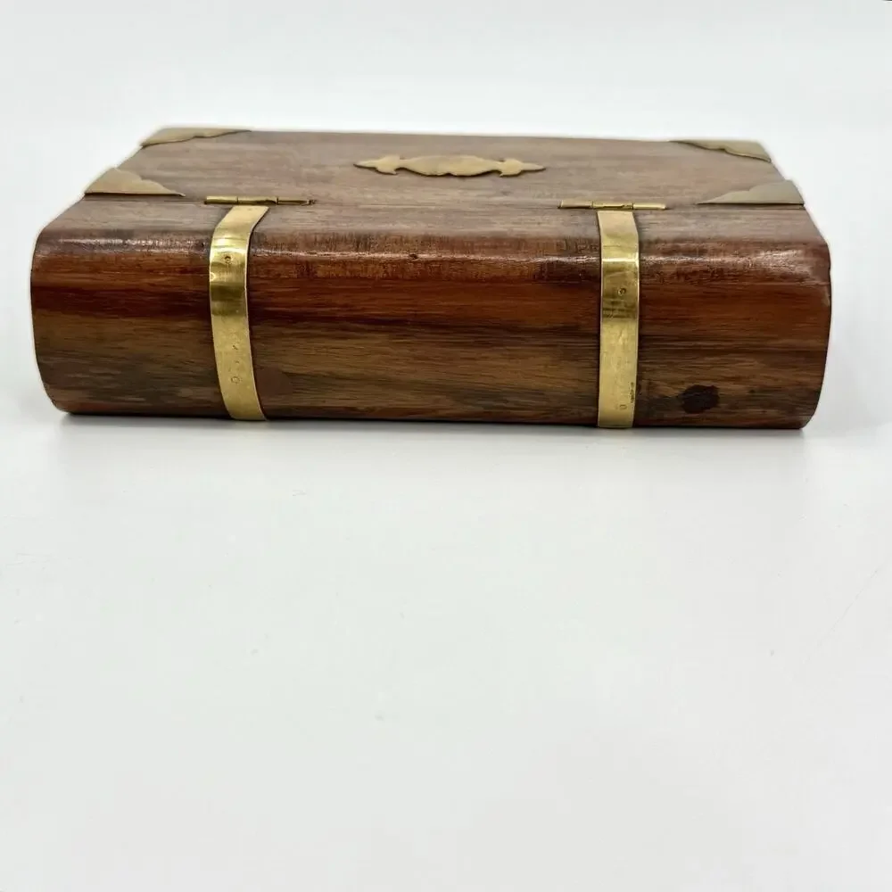 VTG 1970s House Of Lloyd Book-Shaped Brass & Wood Faux-Book Trinket Lock Box